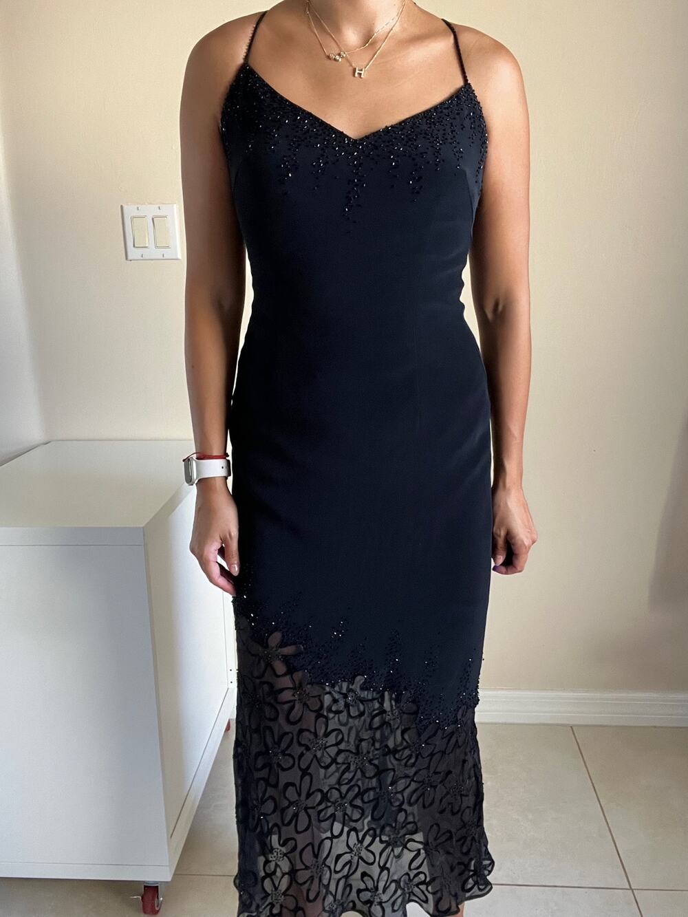 Cache Black Lace Beaded Crisscross Back Evening Formal Mermaid Dress Size 2